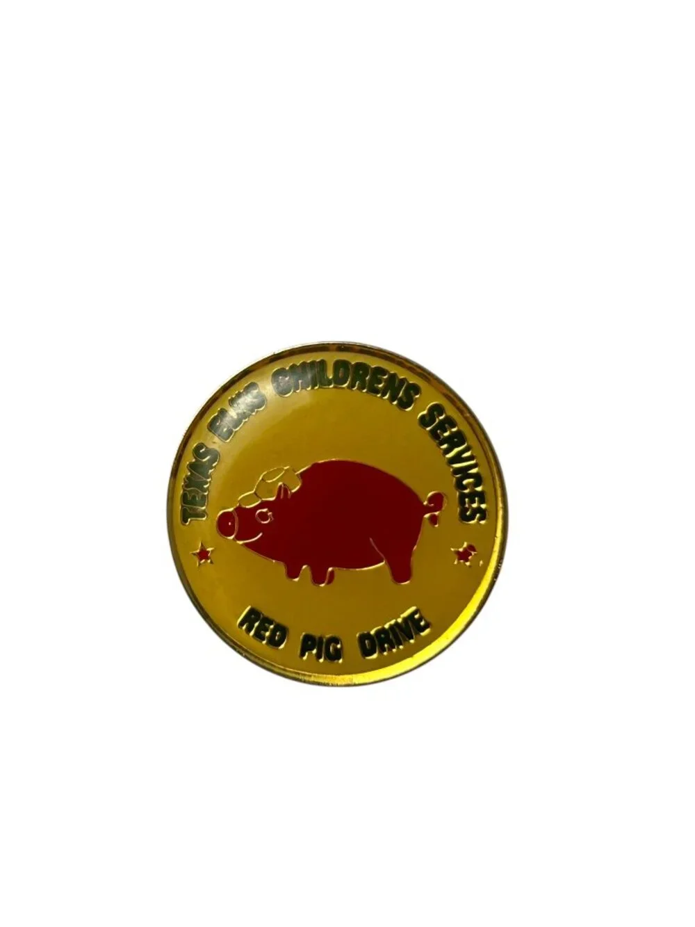 Texas Elks Childrens Services Red Pig Yellow Lapel Pin Round Enamel